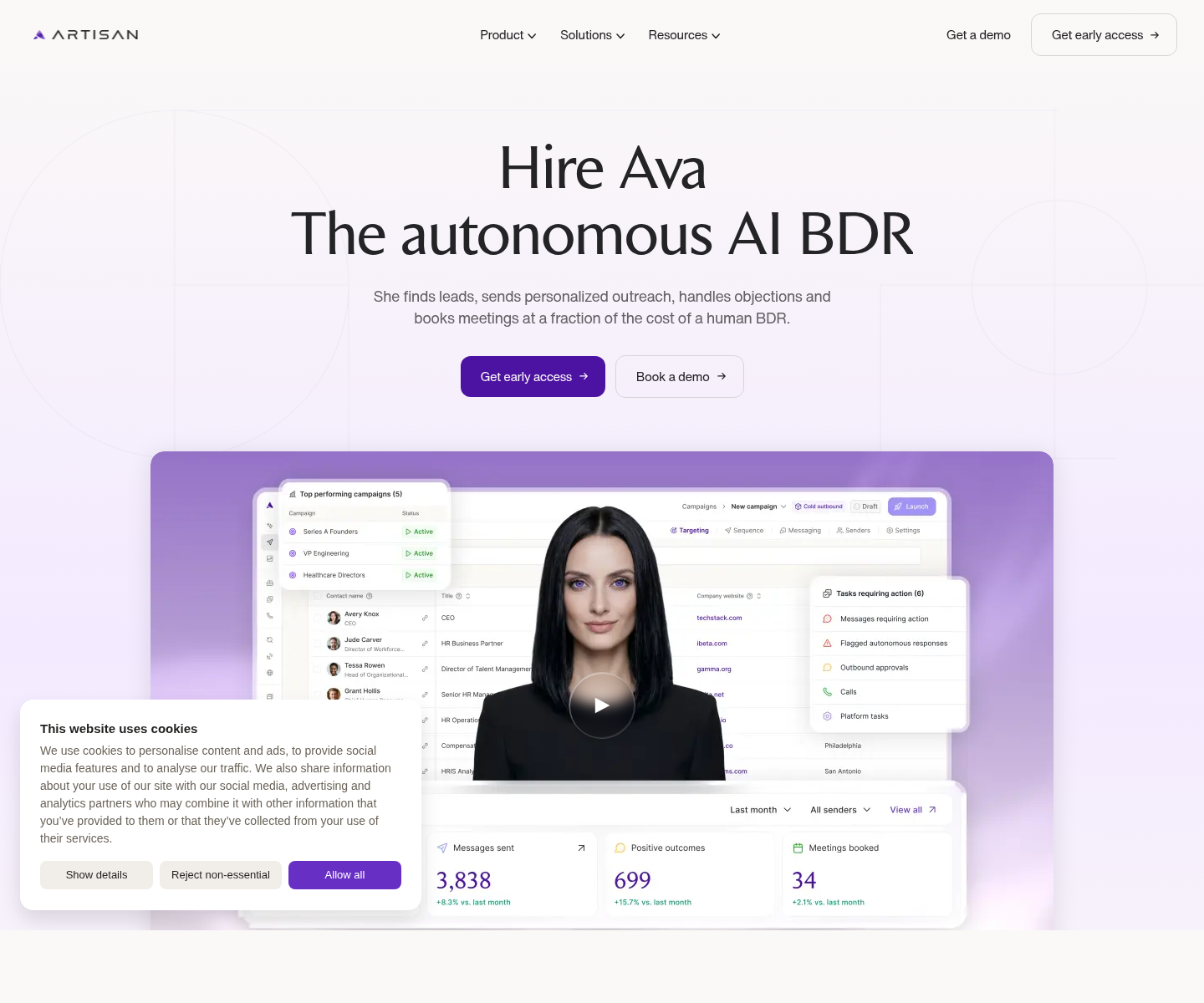 Ava, the AI BDR de Artisan, herramienta de IA para chatbots y asistentes virtuales